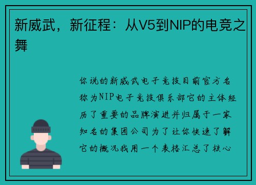 新威武，新征程：从V5到NIP的电竞之舞